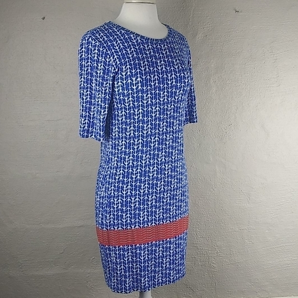 ANTIBES Blanc Blue Nautical Print Scoop Neck Elbow Sleeve Pullover Mini Dress - Picture 8 of 10